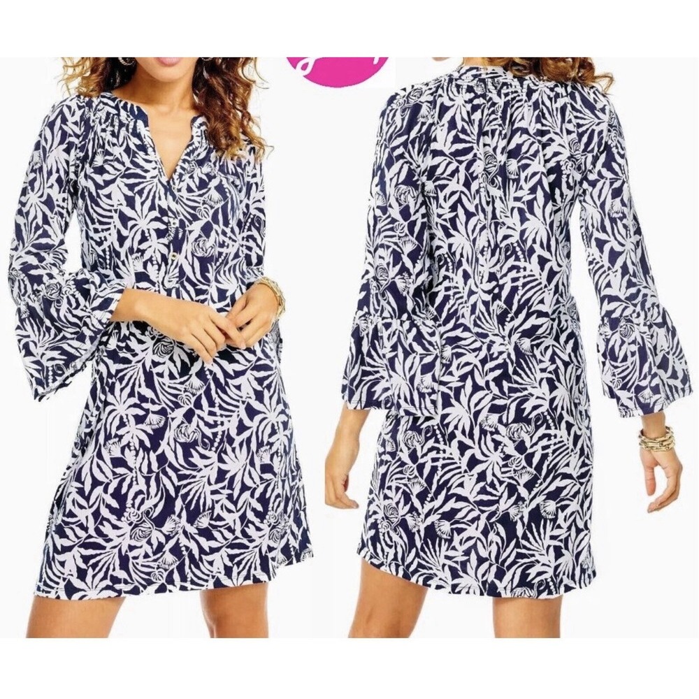 Lilly Pulitzer Navy Flocking To Paradise Norris Dress‎ L Bell Sleeve Preppy